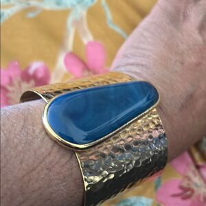 Gold Hammered Cuff Bracelet with Blue Stone